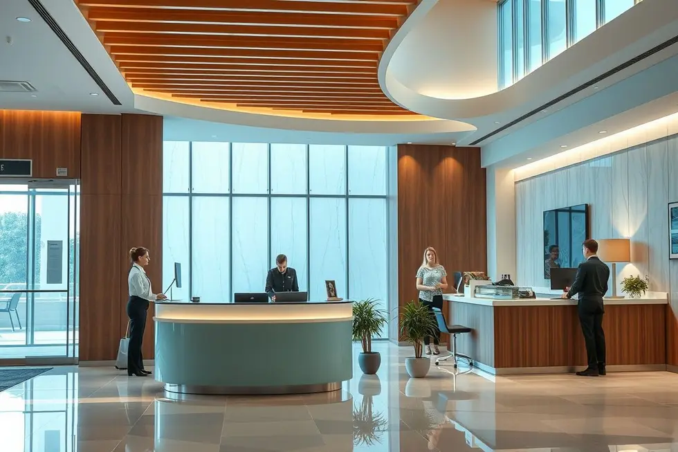 Recepção de hotel moderna com funcionários atendendo hóspedes eficientemente