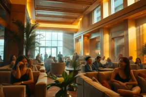Lobby moderno de hotel boutique com iluminação aconchegante e hóspedes satisfeitos