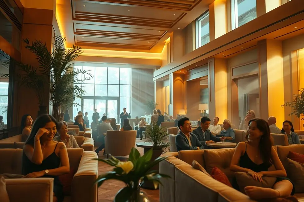 Lobby moderno de hotel boutique com iluminação aconchegante e hóspedes satisfeitos