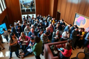 Recepção de hotel moderno com hóspedes utilizando tecnologia