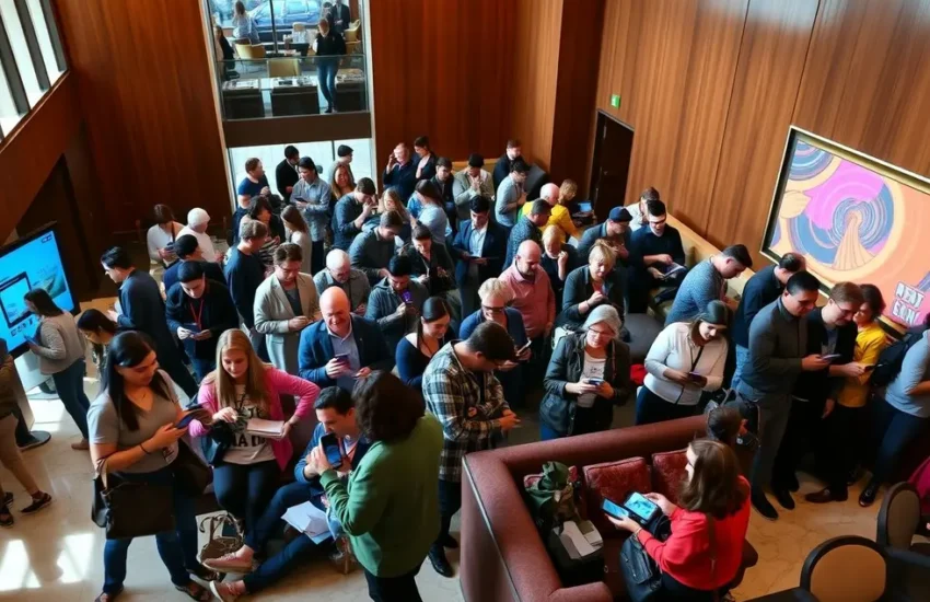 Recepção de hotel moderno com hóspedes utilizando tecnologia