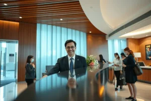 Recepção movimentada de hotel com gerente cumprimentando hóspedes