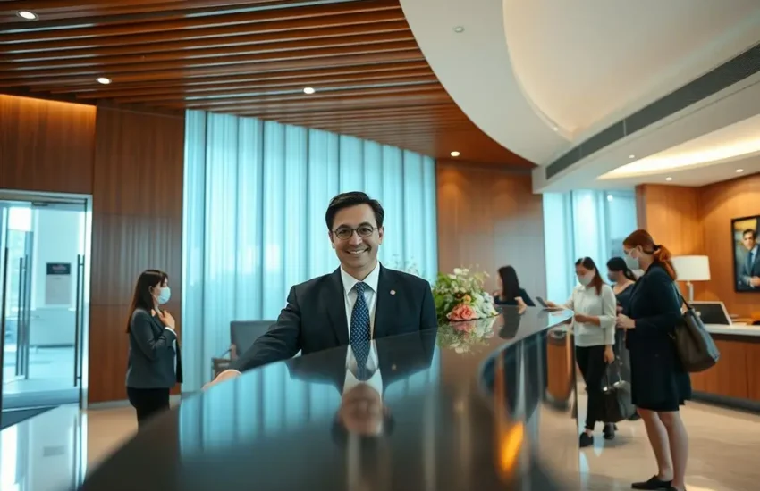 Recepção movimentada de hotel com gerente cumprimentando hóspedes