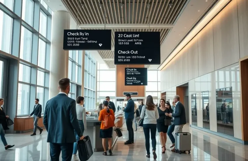 Entrada de hotel contemporâneo com balcão de check-in e telas digitais com horários