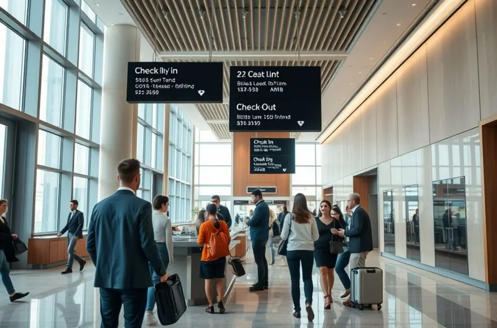 Entrada de hotel contemporâneo com balcão de check-in e telas digitais com horários
