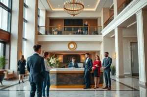 Lobby de hotel com hóspedes, recepcionista e ambiente acolhedor em estilo realista