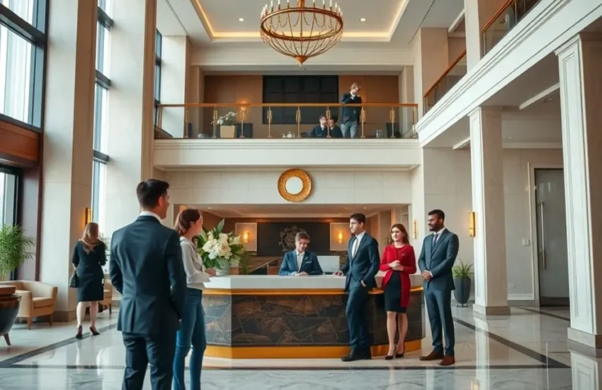 Lobby de hotel com hóspedes, recepcionista e ambiente acolhedor em estilo realista