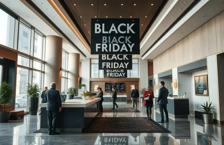 Recepção de hotel moderna com hóspedes e funcionários em atividade durante Black Friday