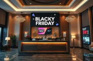 Recepção de hotel com decoração temática de Black Friday e hóspedes satisfeitos