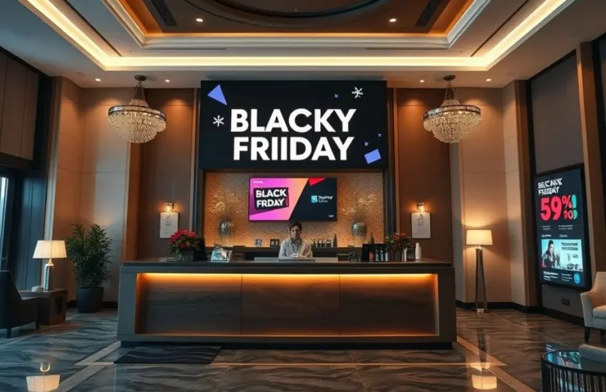 Recepção de hotel com decoração temática de Black Friday e hóspedes satisfeitos