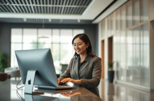 Recepcionista de hotel moderno enviando e-mails para hóspedes na recepção