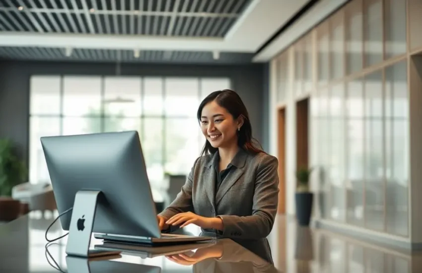 Recepcionista de hotel moderno enviando e-mails para hóspedes na recepção
