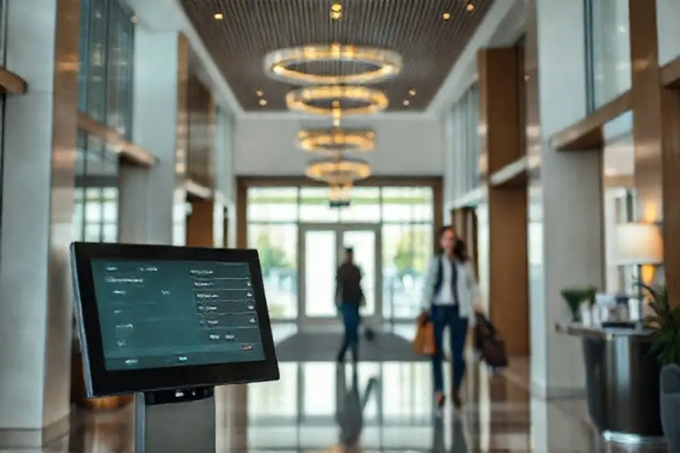 Recepção de hotel moderna com tela digital de reservas e hóspedes chegando