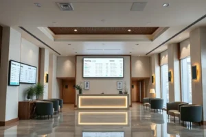 Área de recepção de hotel moderno com telas digitais mostrando estatísticas