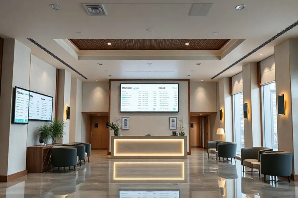 Área de recepção de hotel moderno com telas digitais mostrando estatísticas