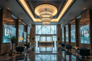 Imagem de lobby de hotel contemporâneo com telas digitais mostrando dados de hóspedes