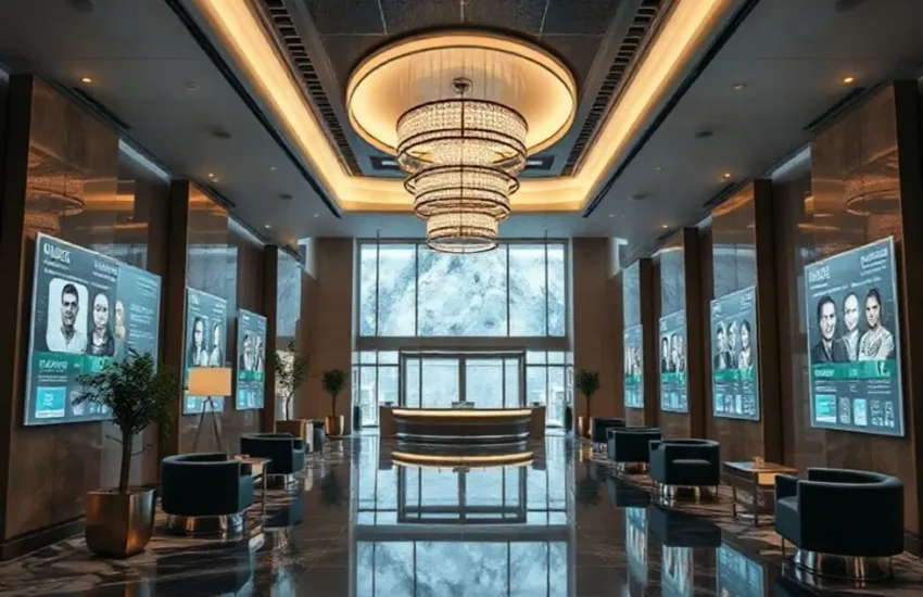 Imagem de lobby de hotel contemporâneo com telas digitais mostrando dados de hóspedes