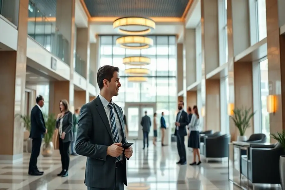 Lobby de hotel moderno com gerente interagindo com hóspedes e funcionários