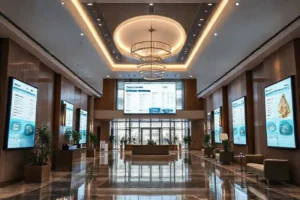 Recepção de hotel moderna com telas digitais exibindo sistemas integrados de reservas