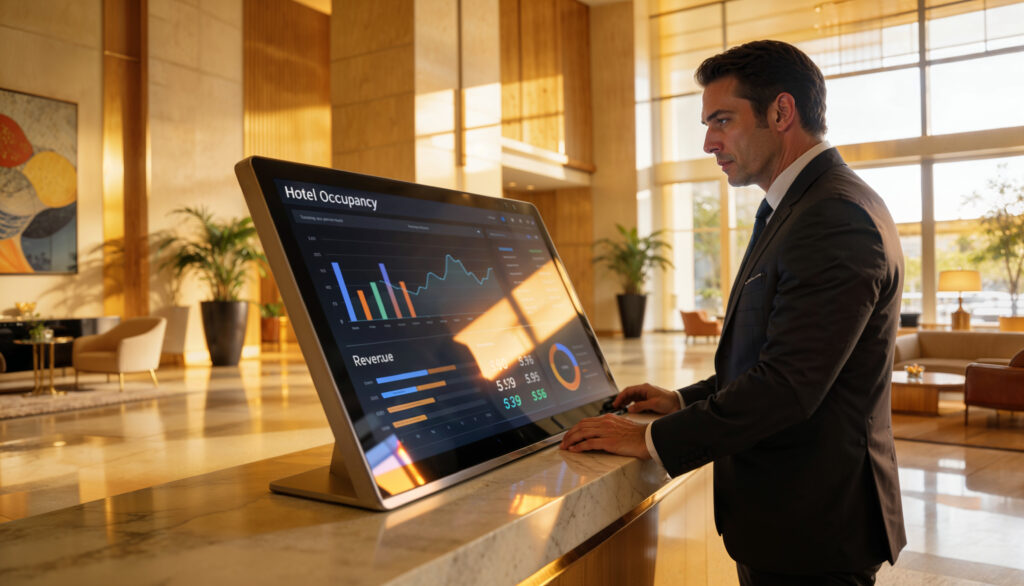 RevPAR ADR e taxa de ocupação hotel — gestor analisando dashboard