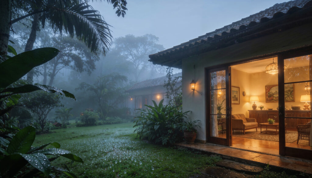 Recepção de pousada brasileira na baixa temporada hotel — ambiente aconchegante com jardim verde e iluminação quente