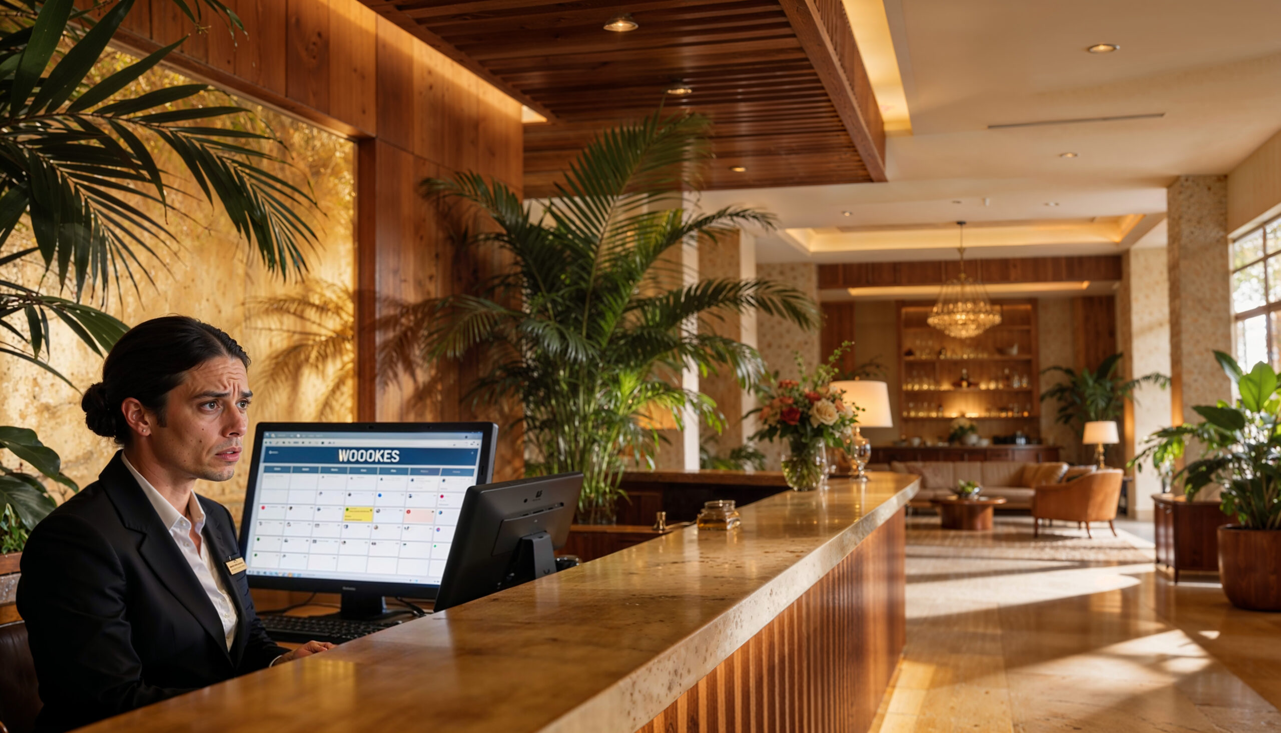 Overbooking hotel — recepcionista com reservas lotadas