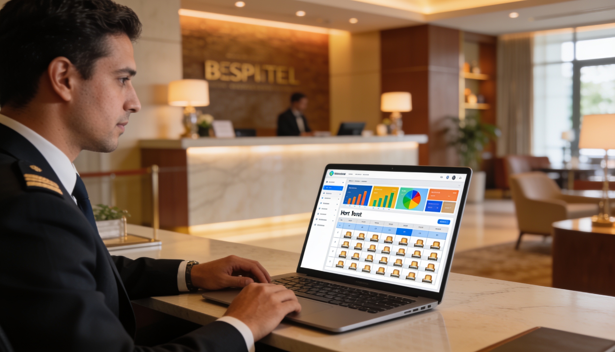 Gestor de hotel usando sistema PMS na recepção