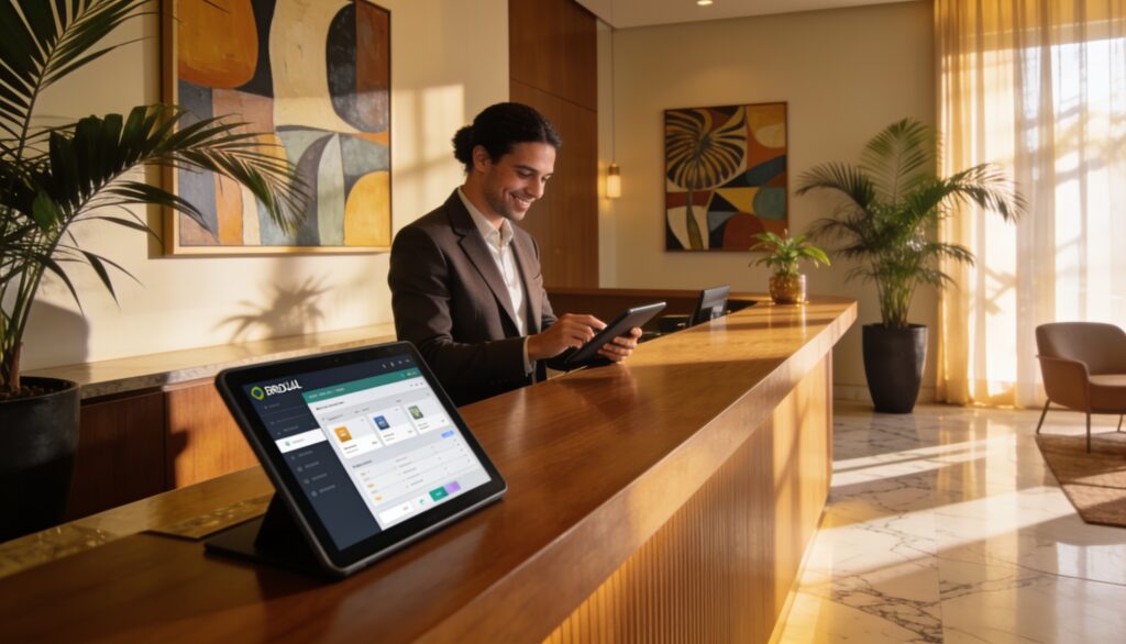 Recepcionista de hotel usando sistema de gestão hoteleira em tablet