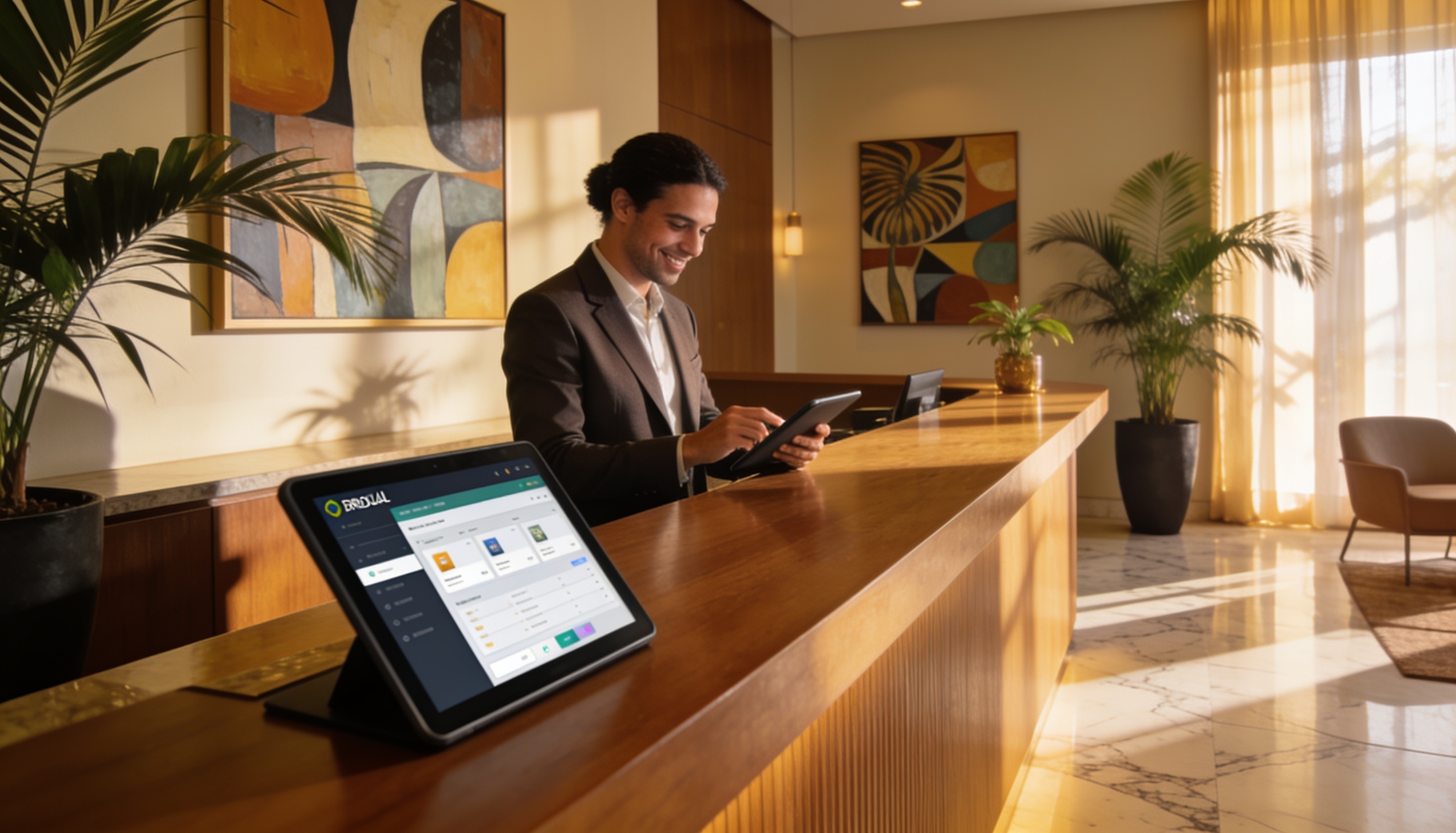 Recepcionista de hotel usando sistema de gestão hoteleira em tablet