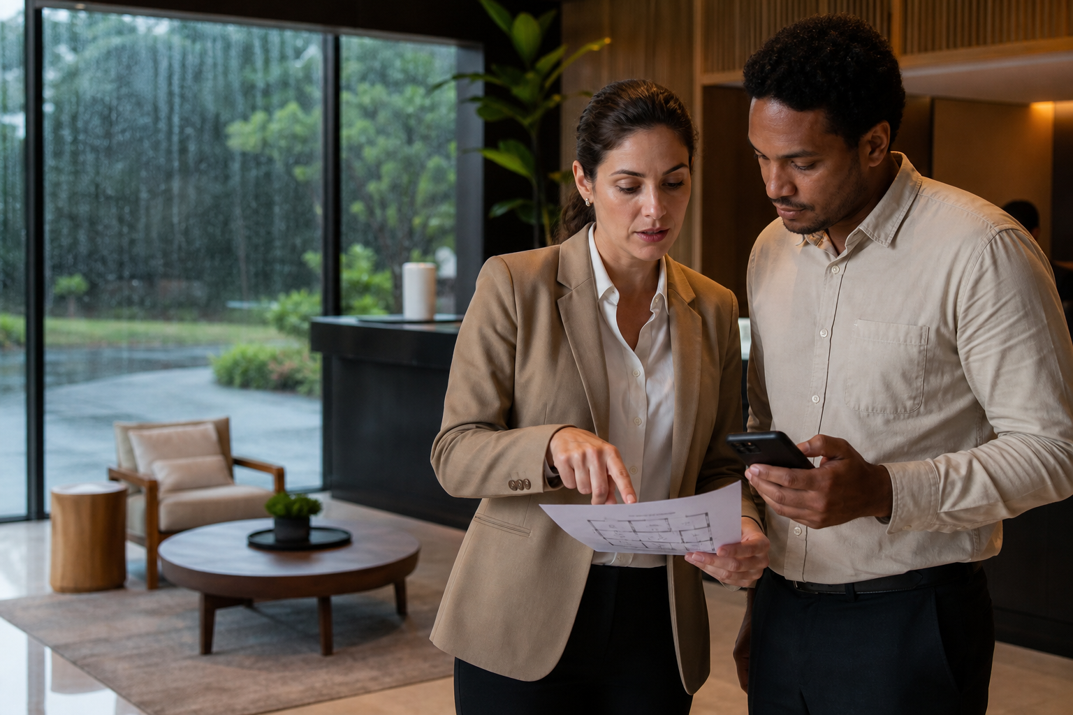 Equipe de hotel revisa plano de continuidade em recepção durante chuva