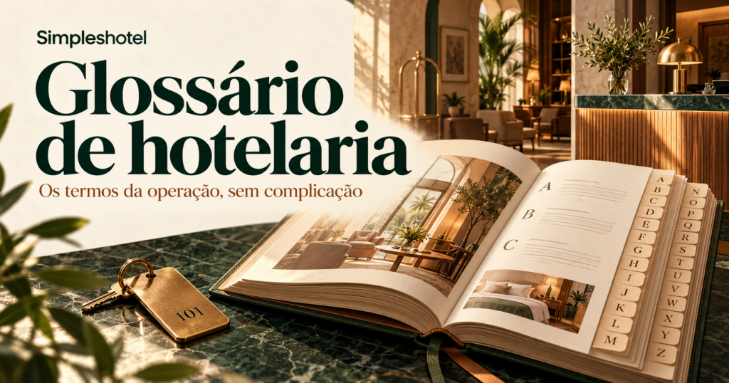 Capa editorial ilustrativa gerada por IA: glossário de hotelaria com livro de consulta e cenário fictício de recepção
