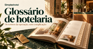 Capa editorial ilustrativa gerada por IA: glossário de hotelaria com livro de consulta e cenário fictício de recepção