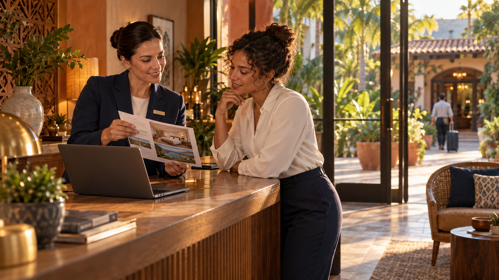 Ilustração de equipe de hotel revisando informações para a jornada de reserva com IA