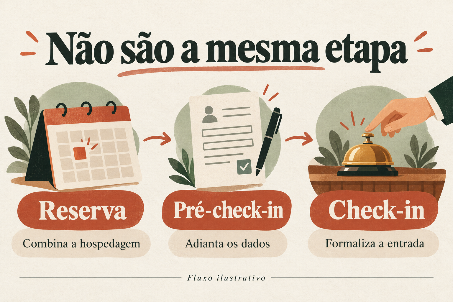Reserva combina a hospedagem, pré-check-in adianta dados e check-in formaliza a entrada; fluxo ilustrativo