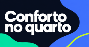 Frase ‘Conforto no quarto’ em duas linhas brancas sobre navy, com formas curvas azul, verde-turquesa e detalhe verde-lima.
