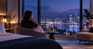 Hóspede refletindo sobre uma etapa da hospedagem em um espaço tranquilo de hotel; cena conceitual, sem formulário ou interface real.
