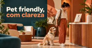 Composição editorial de uma pessoa com um animal de companhia em hospedagem fictícia, representando uma política de recepção clara.