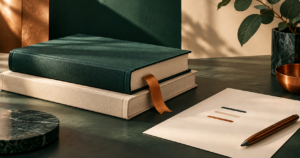 Composição editorial abstrata de livros fechados sem títulos legíveis, marcadores de página e uma folha de anotações sobre uma mesa clara