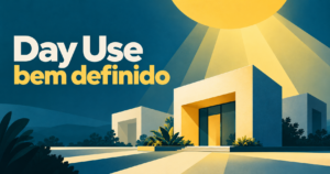 Headline ‘Day Use bem definido’ sobre uma ilustração editorial de um arco de sol iluminando volumes arquitetônicos genéricos.