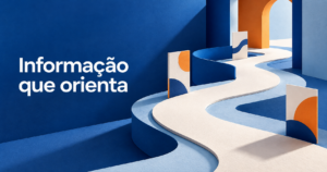 Composição gráfica com um caminho sinuoso marfim entre formas azuis, laranjas e pequenos cartões sem texto legível.