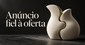 Composição conceitual com duas partes cerâmicas que se encaixam e a chamada ‘Anúncio fiel à oferta’.