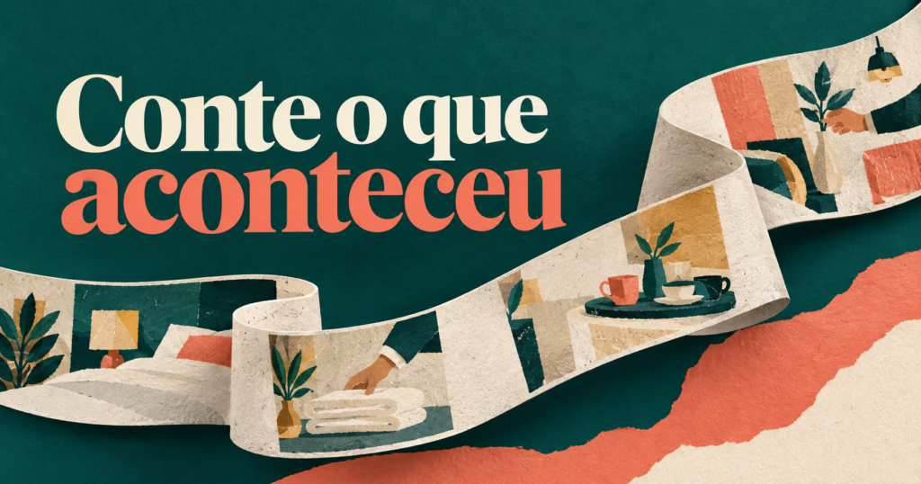 Capa editorial com a headline ‘Conte o que aconteceu’ sobre uma tira longa de papel dobrada em curva, revelando fragmentos de uma cena cotidiana ilustrada.