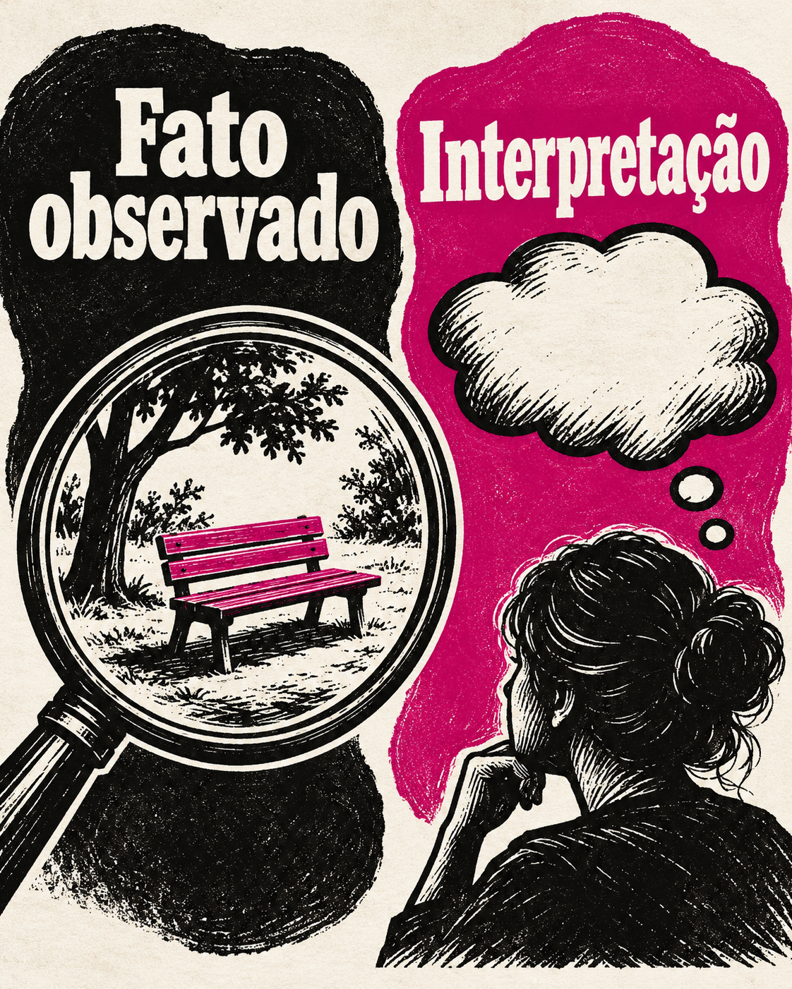 Comparação editorial com os rótulos ‘Fato observado’ e ‘Interpretação’: uma lupa amplia um banco de jardim, enquanto uma pessoa aparece com uma nuvem de pensamento vazia.