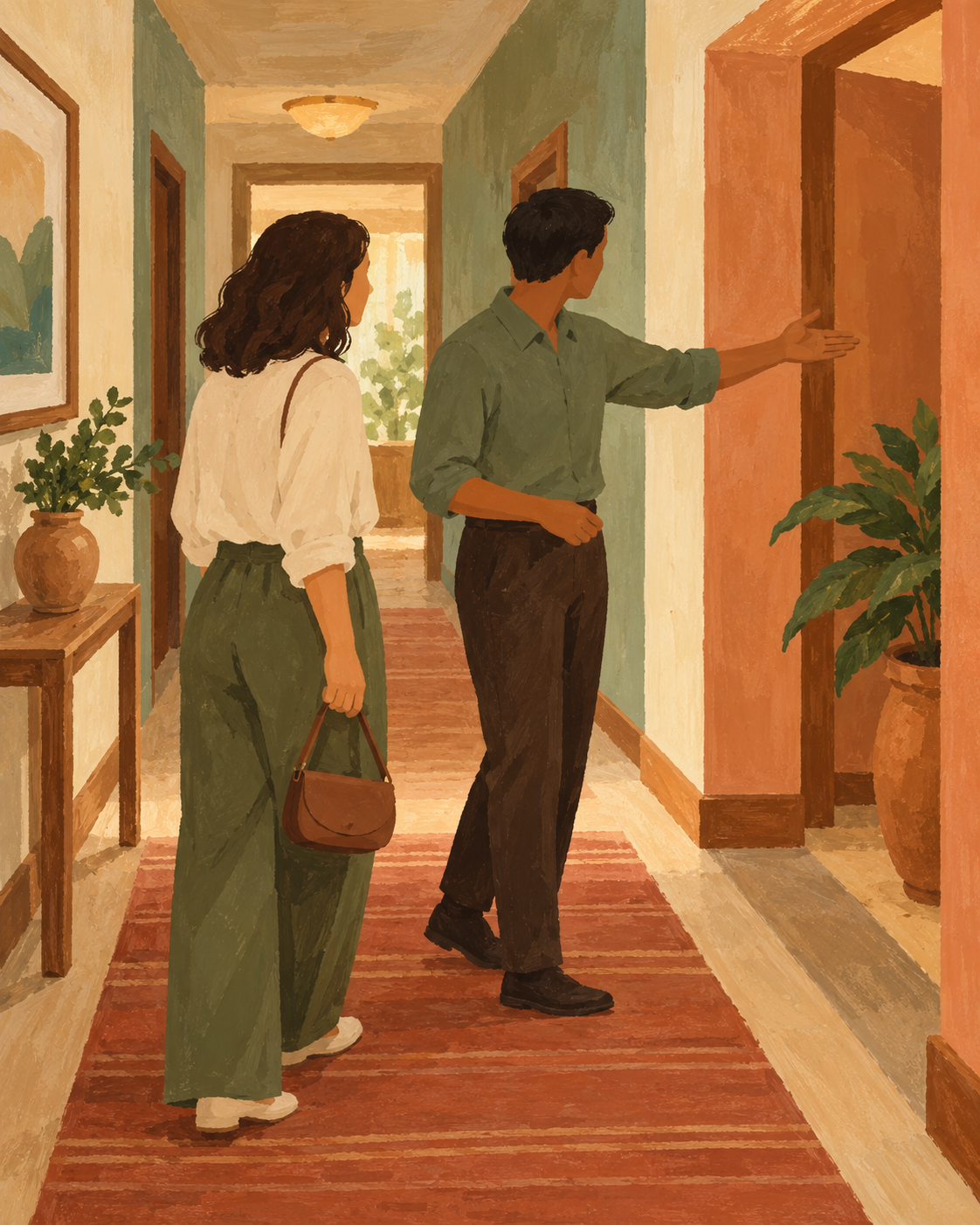 Ilustração editorial de duas figuras adultas em um corredor genérico: uma aponta para uma passagem e a outra carrega uma bolsa, sem placas ou texto legível.