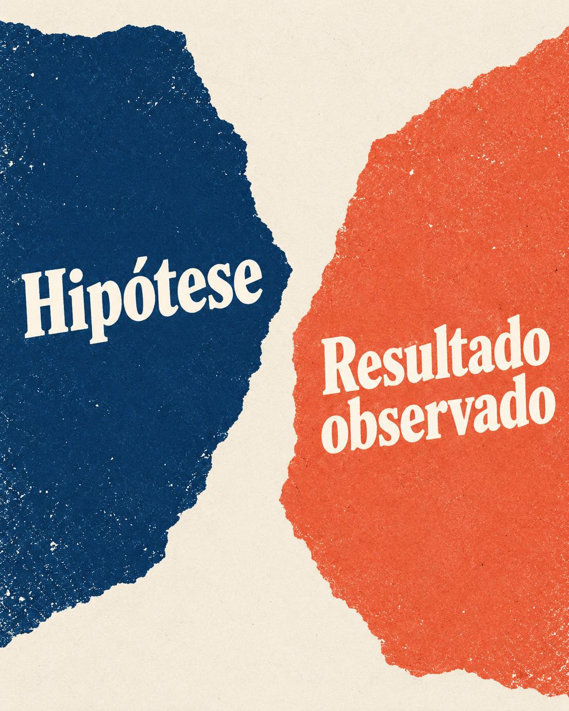 Composição editorial com dois recortes de papel rotulados ‘Hipótese’ e ‘Resultado observado’, separados por espaço em branco, sem números ou gráfico.