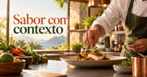 Chef finaliza um prato com ingredientes regionais em uma cozinha de hotel, em cena ilustrativa sobre a experiência gastronômica.
