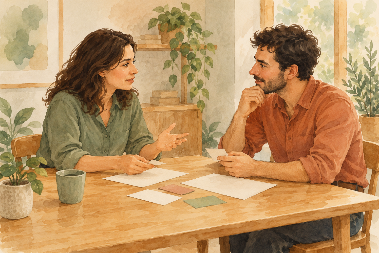 Duas pessoas adultas conversam diante de papéis sem texto legível em uma área de trabalho genérica e fictícia.