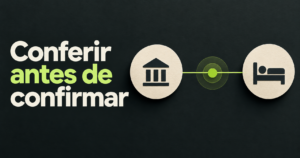 Headline ‘Conferir antes de confirmar’ ao lado de dois círculos com símbolos genéricos de banco e acomodação, ligados por uma linha que atravessa um ponto central; sem interface ou dados de transação.