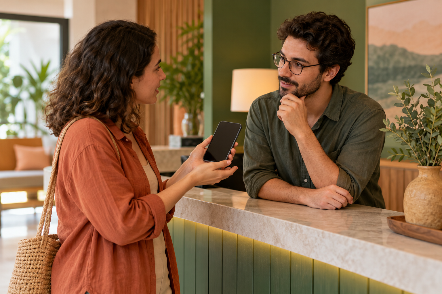Duas pessoas adultas conversam ao lado de um balcão em ambiente fictício de hospedagem, com um telefone sem conteúdo legível.