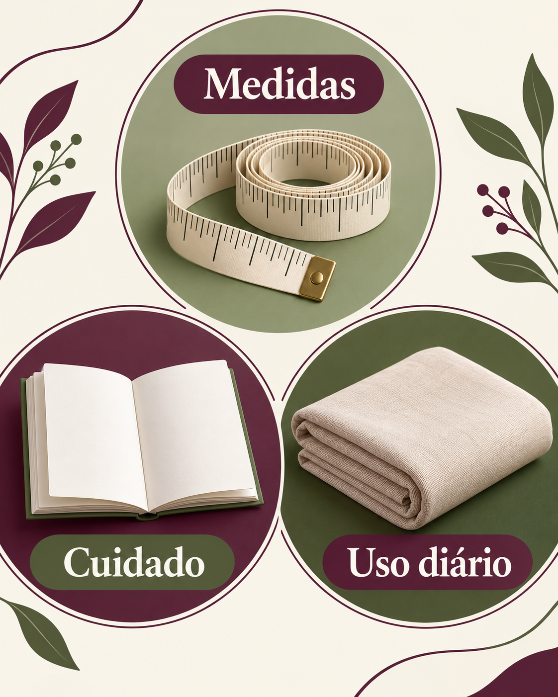 Três áreas arredondadas em composição triangular, com fita métrica, livreto em branco e tecido dobrado, rotuladas ‘Medidas’, ‘Cuidado’ e ‘Uso diário’.